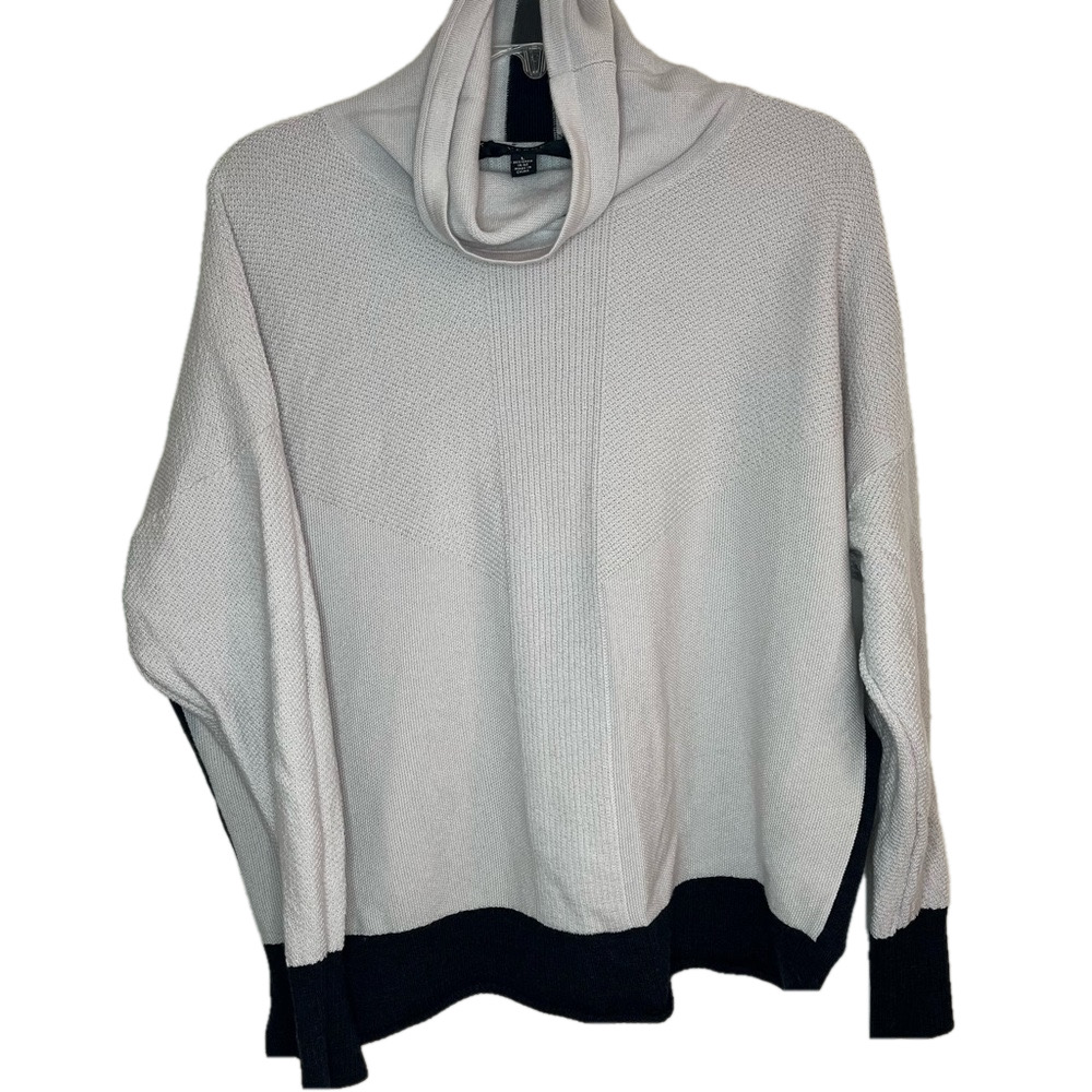 VERGE Turtleneck Sweater Women's Large Gray Black Trim Strip 100% Merino Wool